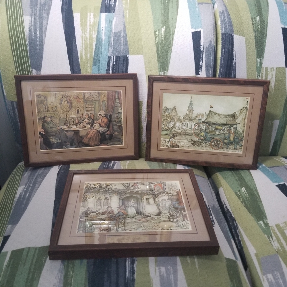 Vtg Anton Pieck Framed Art Prints Village Scene Street Scenes Wall Hanging
